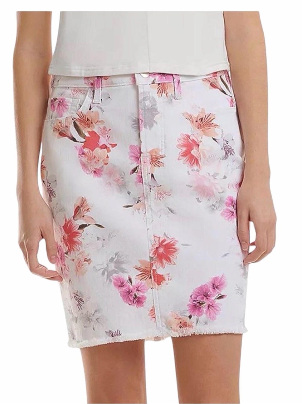 Jen 7 Floral White Denim Pencil Skirt - Pink & Coral Blooms